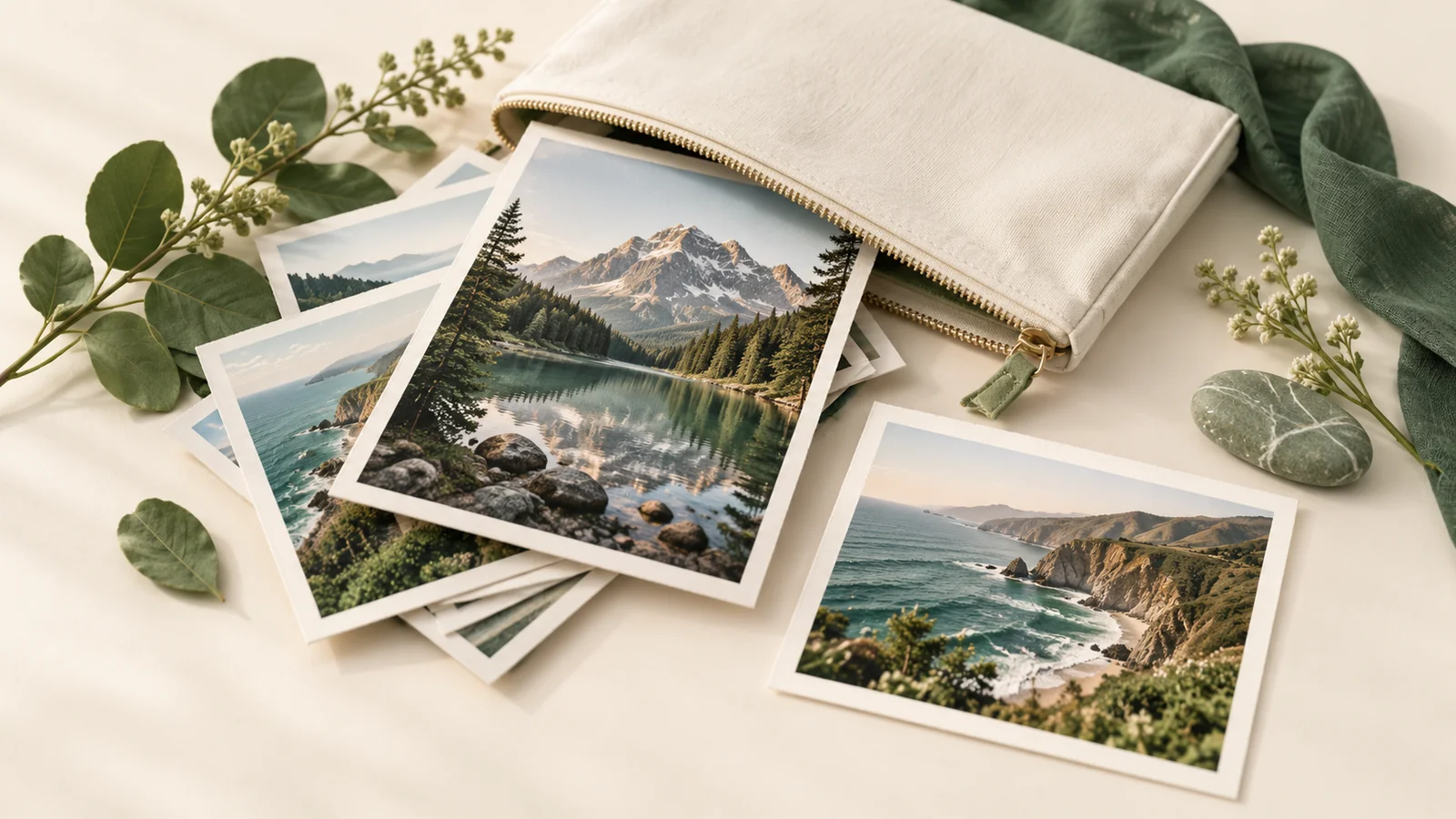 Several landscape photo cards arranged beside a zipped folder and a checked photo