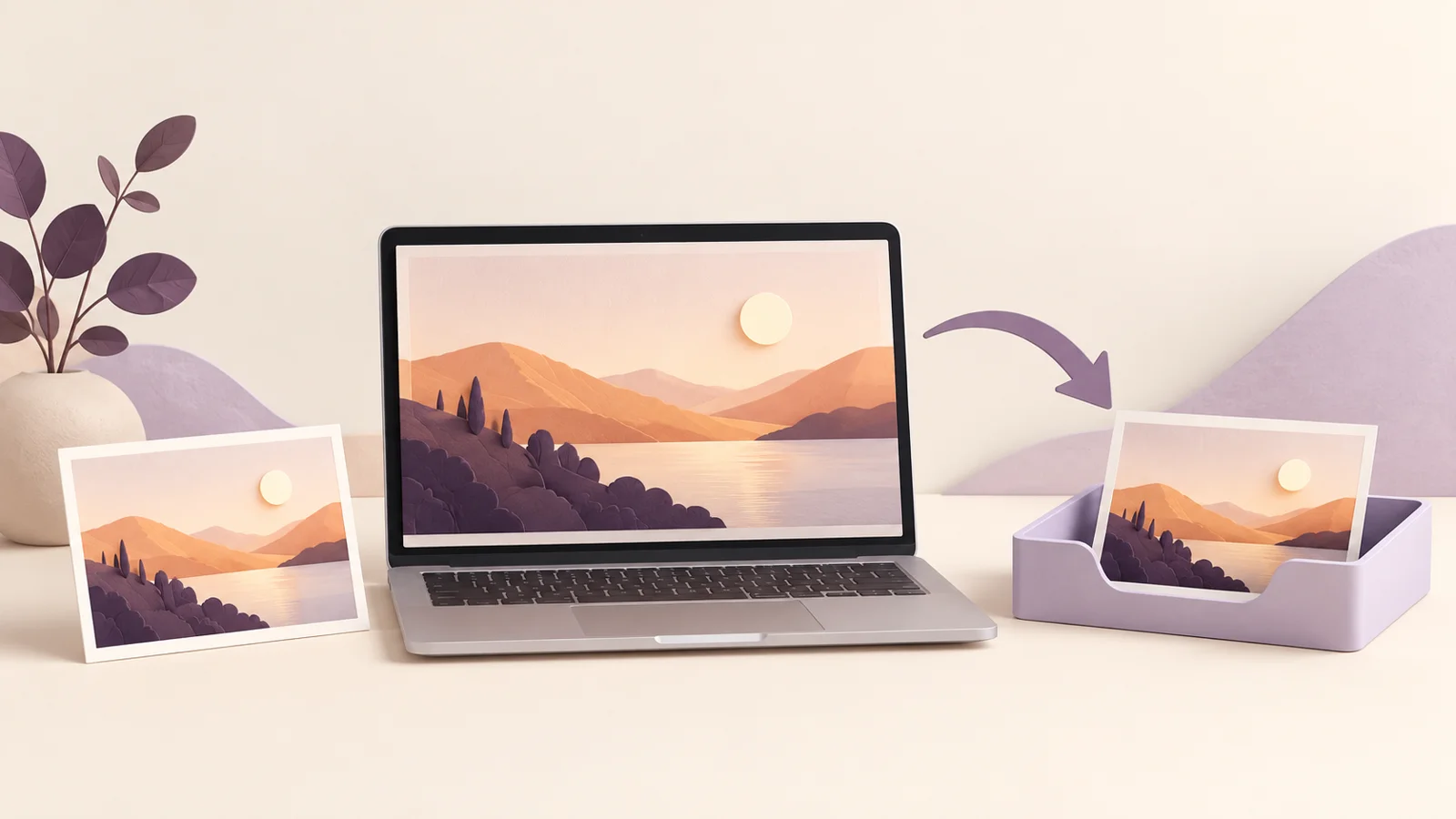 A photo card beside a laptop and a separate copy in a pale violet output tray