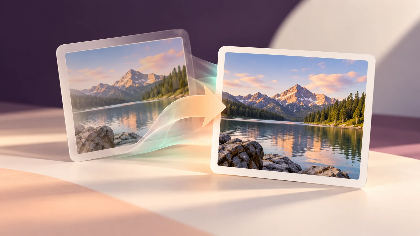 Two landscape photo cards connected by a conversion transition