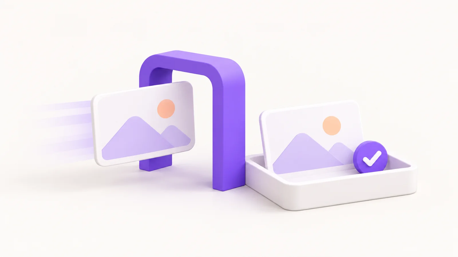A landscape photo card passes through a violet gateway into a tray with a checkmark