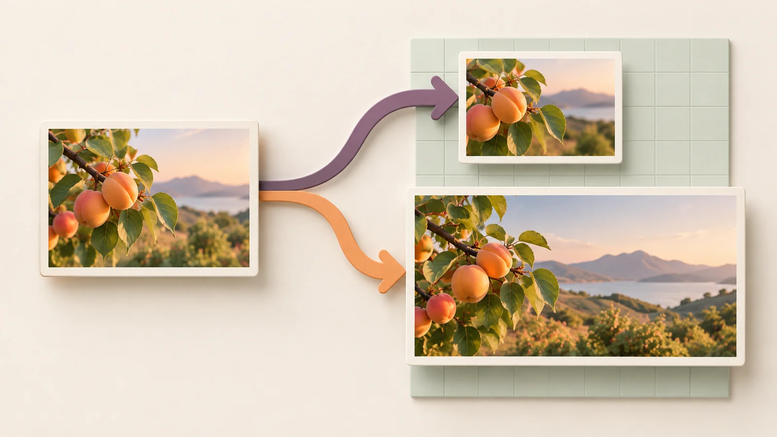 A photo card branching into a compact photo copy and a larger grid-backed image copy