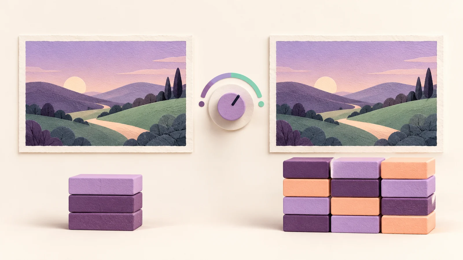Matching photo cards with different storage blocks beside a small adjustment dial